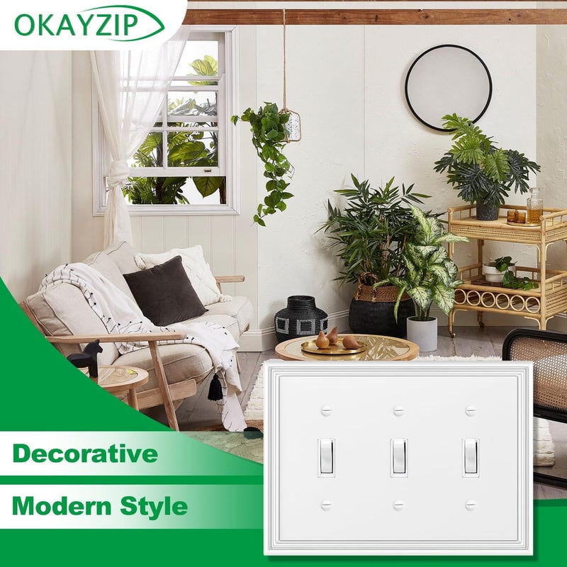 OKAYZIP White Decorative Triple Toggle Light Switch Covers Wall Plate, Natural Material Switch Plate Covers - Modern Style (3 Gang Toggle 1 Pack) - Image 4